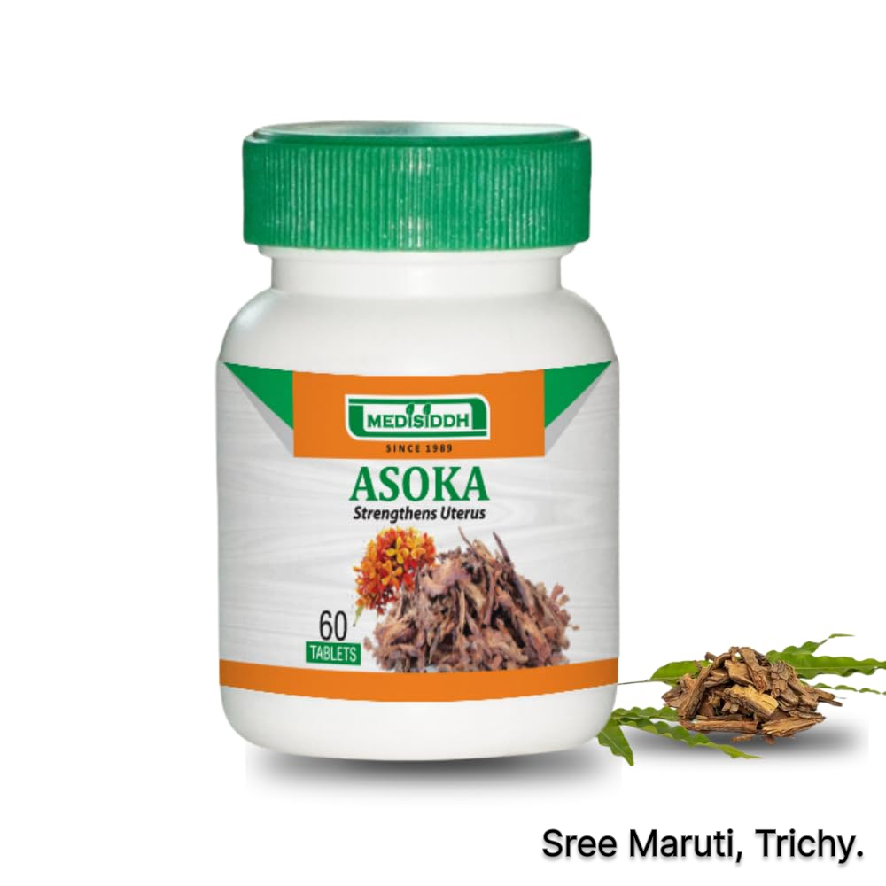 Herbal Asoka tablets with Ashoka tree flowers for women’s health and blood purification.