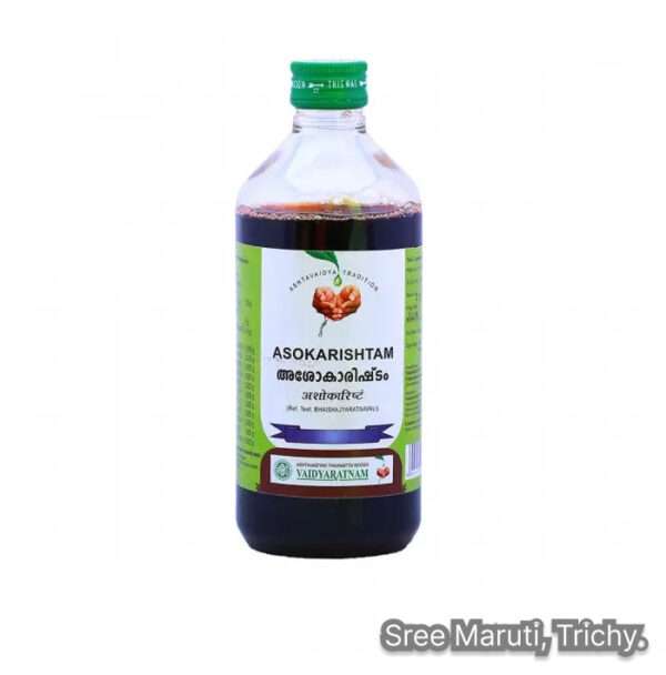 Asokarishtam Ayurvedic tonic bottle with Ashoka bark for women’s reproductive health.