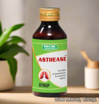 Asthease Syrup bottle with herbal ingredients for cough, cold, asthma, and nasal blockage.