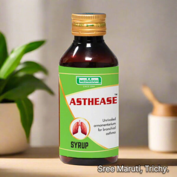 Asthease Syrup bottle with herbal ingredients for cough, cold, asthma, and nasal blockage.