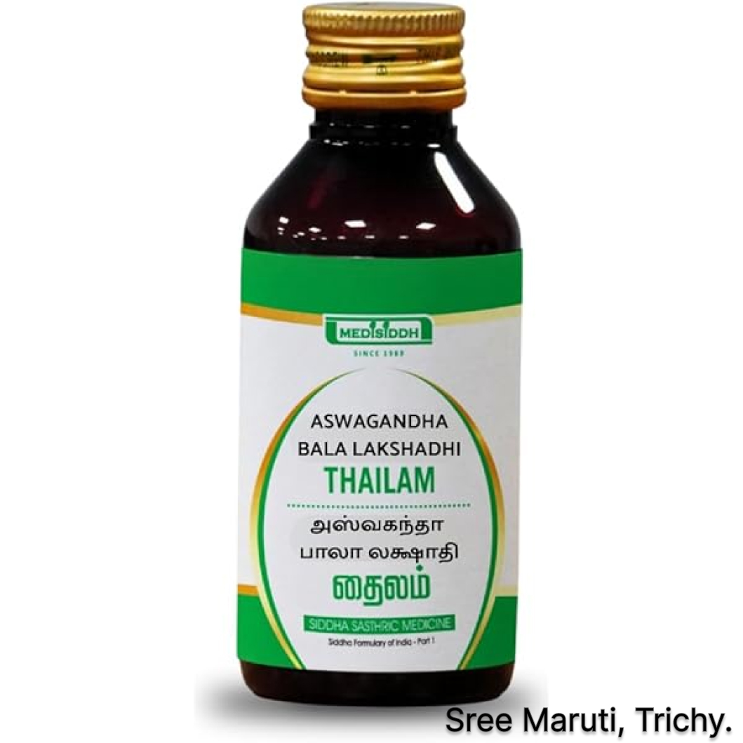 Aswagandha Bala Lakshadi Thailam herbal oil for neurological diseases, rheumatoid arthritis, joint pain, and muscle weakness.