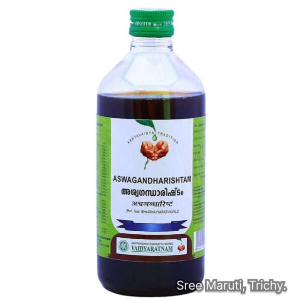 Aswagandharishtam Ayurvedic tonic bottle with Ashwagandha root – for vitality, immunity, and stress relief.