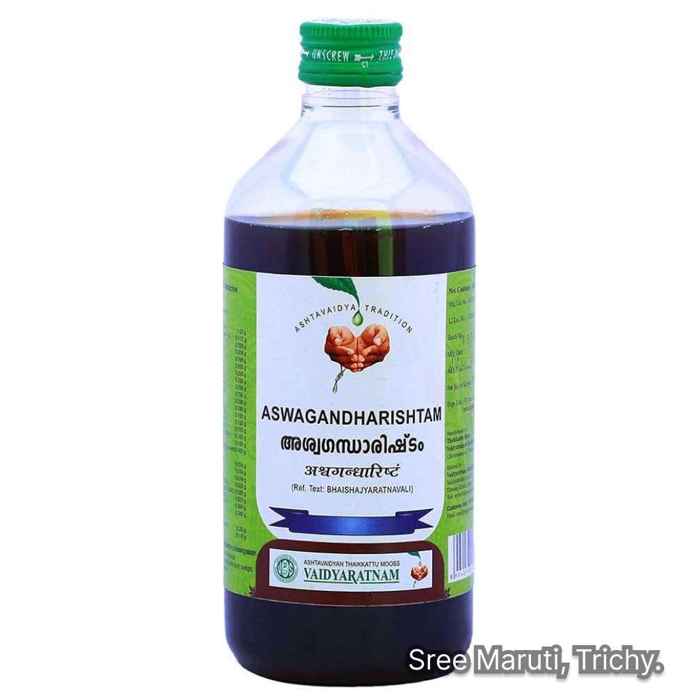 Aswagandharishtam Ayurvedic tonic bottle with Ashwagandha root – for vitality, immunity, and stress relief.