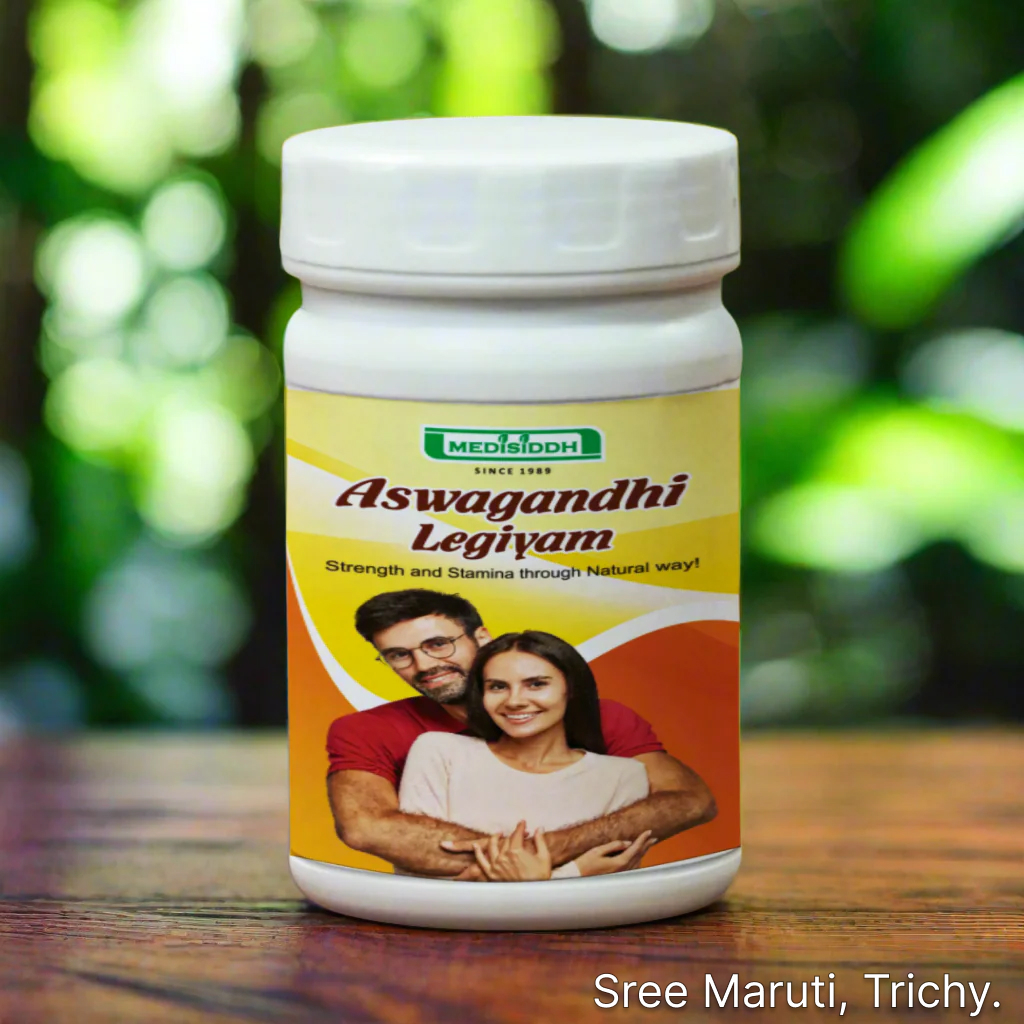 Ashwagandha legiyam in a bowl with Ashwagandha roots and milk for stamina and strength.
