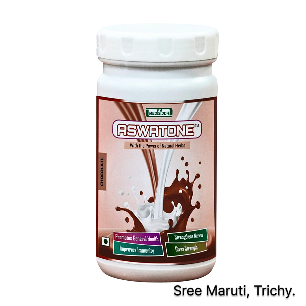 Aswatone Chocolate Powder herbal Ashwagandha supplement in chocolate flavor for energy, stamina, and immunity.