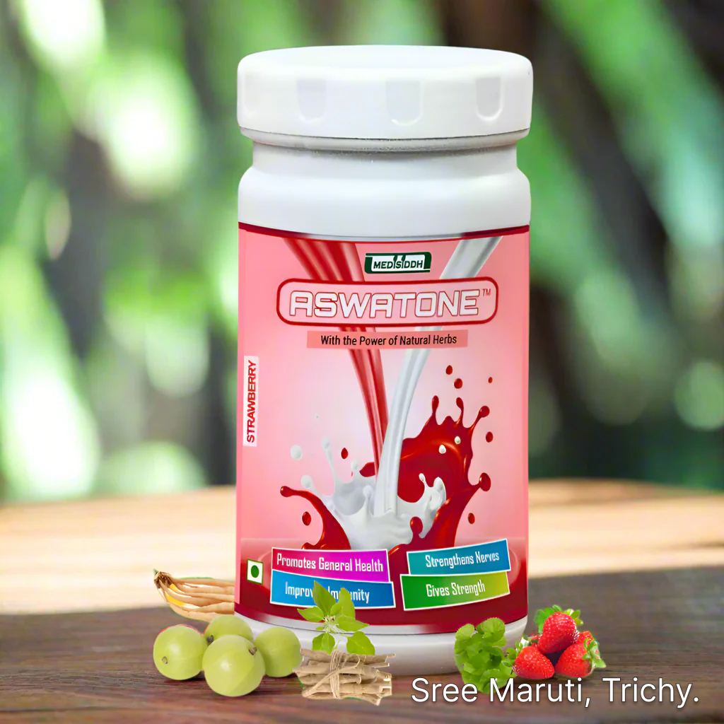📖 About Aswatone Strawberry Powder is a nutritious herbal health supplement fortified with Ashwagandha (Withania somnifera) and blended with a refreshing strawberry flavor. It is specially formulated to strengthen nerves, improve stamina, and boost immunity while offering a tasty and energizing drink for daily wellness. 🌸 Uses Strengthens nerves and muscles Boosts energy, vitality, and stamina Enhances immune system function Helps in stress reduction and relaxation Supports mental and physical health 🌟 Benefits ✔️ Provides natural energy and rejuvenation ✔️ Acts as a nerve tonic for strength and stability ✔️ Improves immunity and resistance to infections ✔️ Combats stress, fatigue, and weakness ✔️ Delicious strawberry flavor makes it enjoyable for all ages 🌐 Different Names in Languages Tamil: அச்வடோன் ஸ்ட்ராபெர்ரி பொடி Telugu: అశ్వటోన్ స్ట్రాబెర్రీ పొడి Hindi: अश्वटोन स्ट्रॉबेरी पाउडर Malayalam: അശ്വടോൺ സ്ട്രോബെറി പൊടി 💊 Dosage & Administration Adults: 1–2 teaspoons (5–10 g) mixed with warm/cold milk or water, once or twice daily. Children: ½–1 teaspoon daily with milk or water. Or as advised by a physician. ⚠️ Precautions Diabetic patients should take with caution (may contain natural sweetness). Pregnant or lactating women should use under medical advice. Store in a cool, dry place, away from sunlight.
