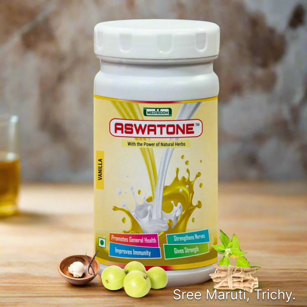 Aswatone Vanilla Powder herbal energy drink with Ashwagandha for strength, nerves, and immunity.