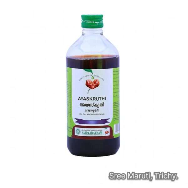 Ayaskrithi bottle with Triphala and iron – Ayurvedic iron-rich tonic for anemia and metabolic health.