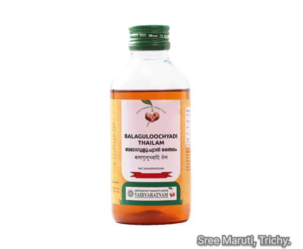 Balaguloochyadi Kera Thailam bottle with coconuts and herbs – Ayurvedic massage oil for arthritis and muscle relaxation.
