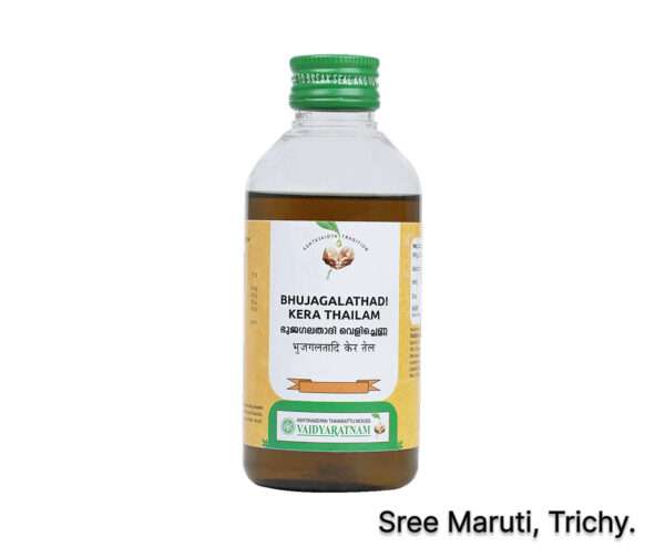 Bhujagalathadi Kera Thailam bottle with coconut oil and skin-healing herbs.