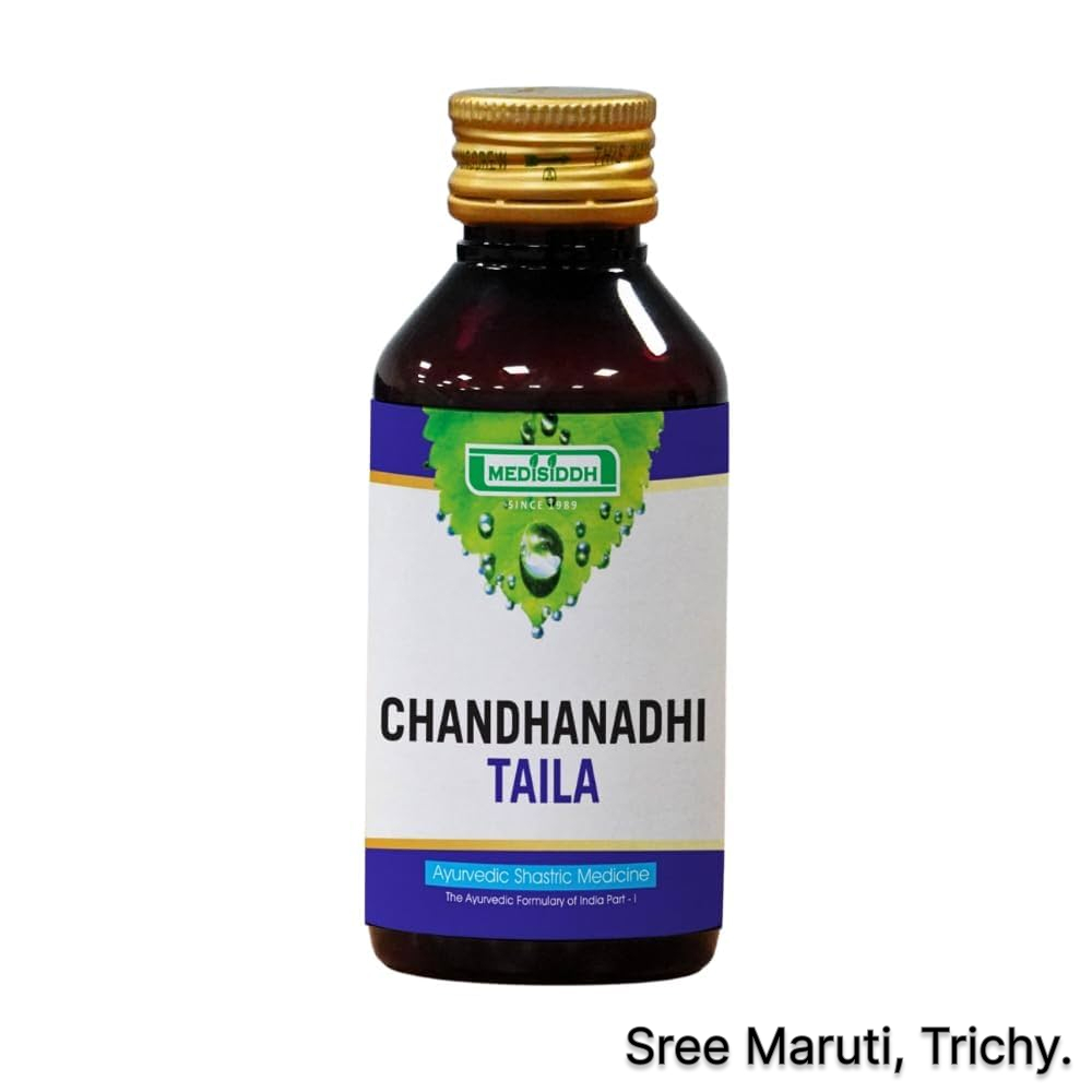 Chandhanadhi Thailam herbal oil for sleeplessness, stress, anxiety, and relaxation.