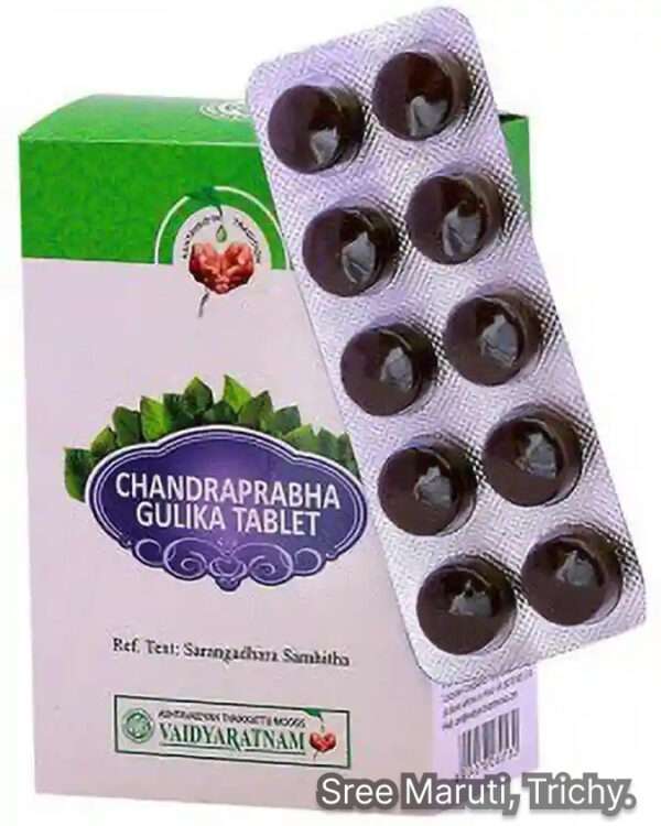 Chandraprabha Gulika tablets with Ayurvedic herbs for urinary and metabolic health.