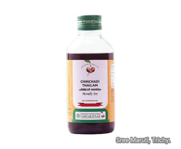 Chinchadi Thailam bottle with neem, tamarind leaves, and turmeric – Ayurvedic oil for skin disorders and wound care.