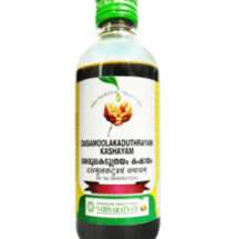 Dasamoolakaduthrayam Kashayam bottle with ginger, pepper, and herbal roots.