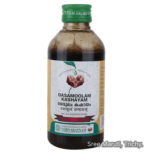 Dasamoolam Kashayam with ten medicinal roots – herbal decoction for arthritis, joint pain, back pain, and Vata disorders.
