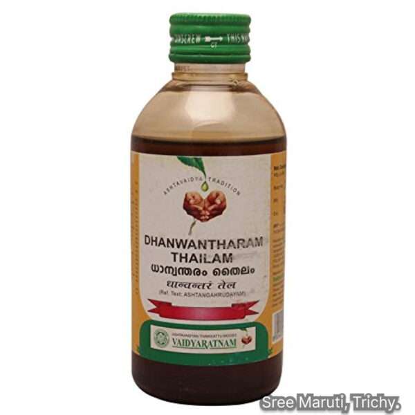 Dhanwantharam Thailam Ayurvedic medicated oil bottle with herbs for arthritis and nerve health.