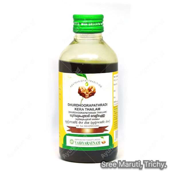 Dhurdhoorapathradi Kera Thailam bottle with Datura leaves and coconuts for scalp and skin care.