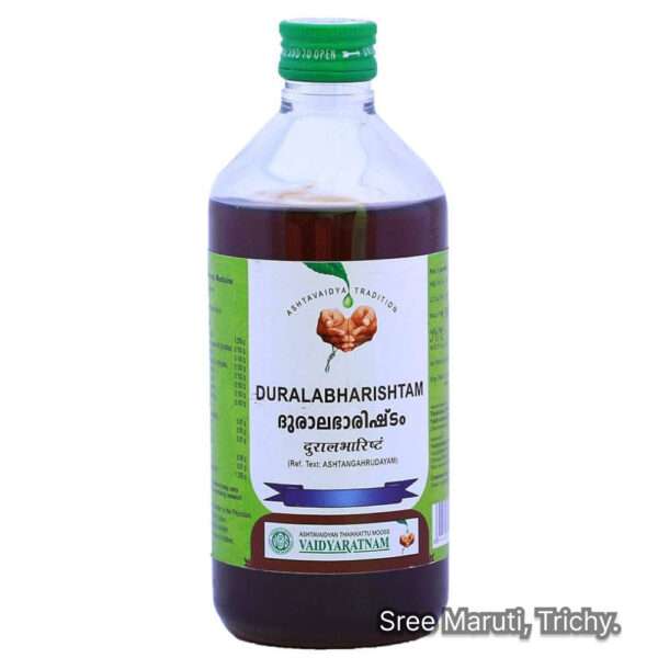 Duralabharishtam bottle with herbs – Ayurvedic tonic for joint pain, paralysis, and muscle strengthening.