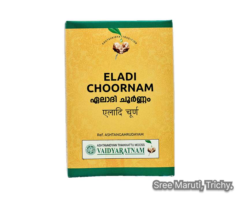 Eladi Choornam herbal powder with cardamom, cloves, cinnamon, and ginger.
