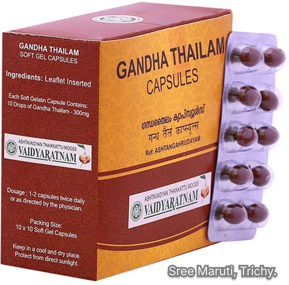 Gandha Thailam Soft Gel Capsules – herbal Ayurvedic capsules for joints, muscles, nerves, and vitality.