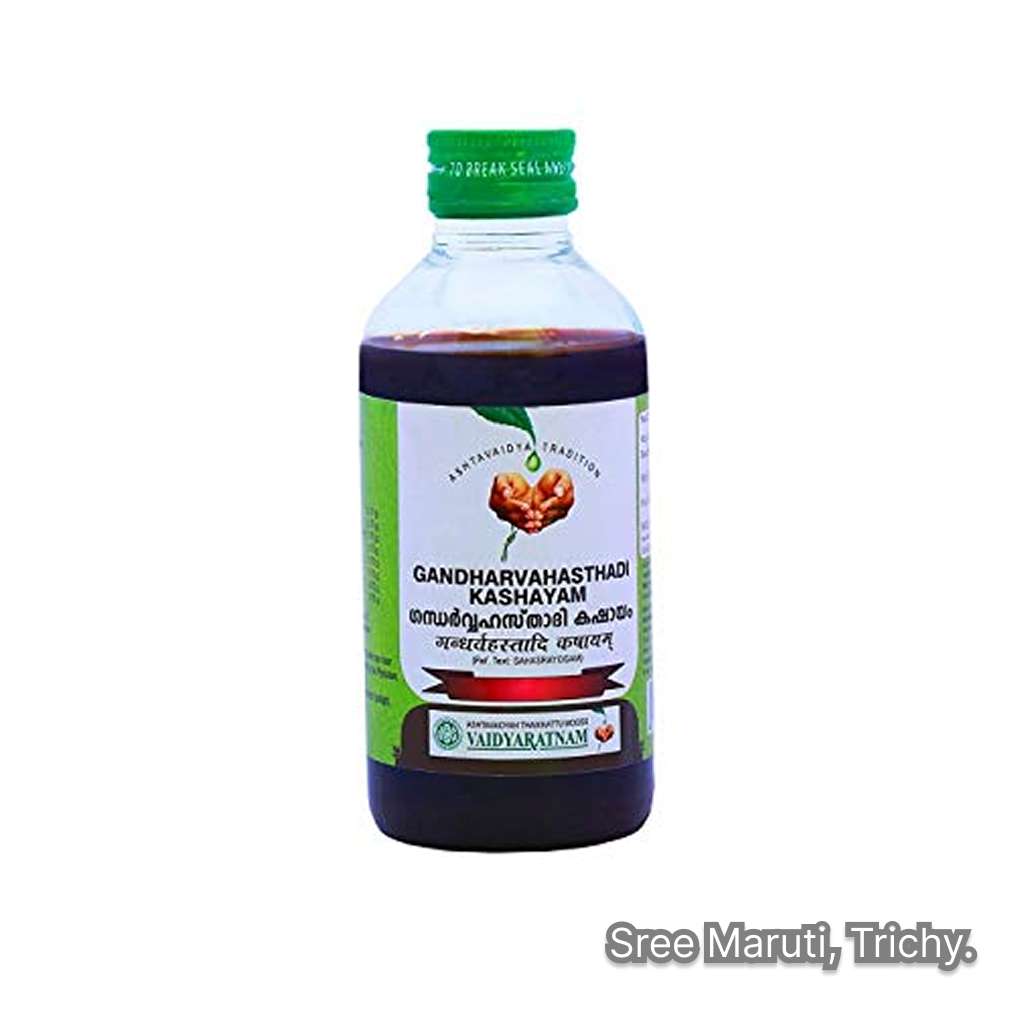 Gandharvahasthadi Kashayam with castor root and haritaki – Ayurvedic decoction for constipation and abdominal discomfort.