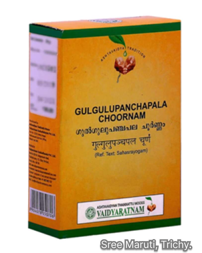 Gulgulupanchapala Choornam with Guggulu and Triphala – herbal powder for joint health, arthritis, and metabolism.