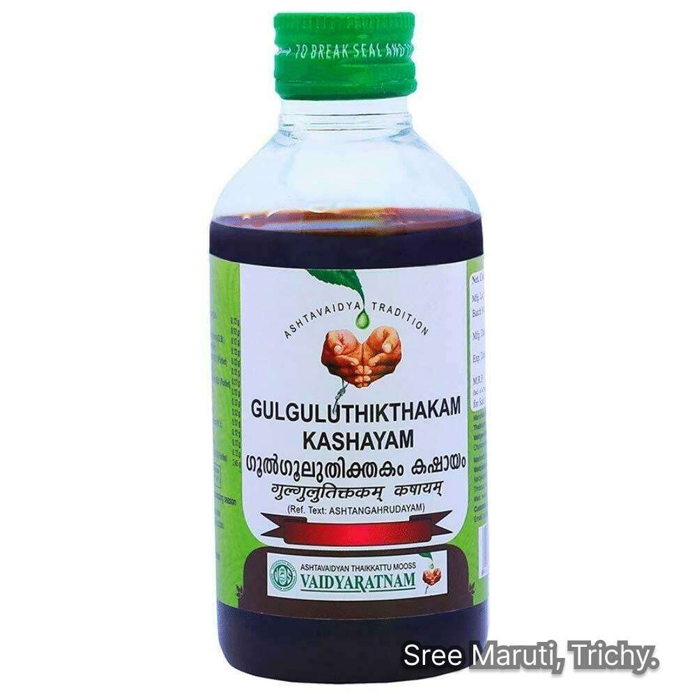 Gulguluthikthakam Kashayam Ayurvedic decoction for arthritis, psoriasis, abscess, fistula, and blood purification.