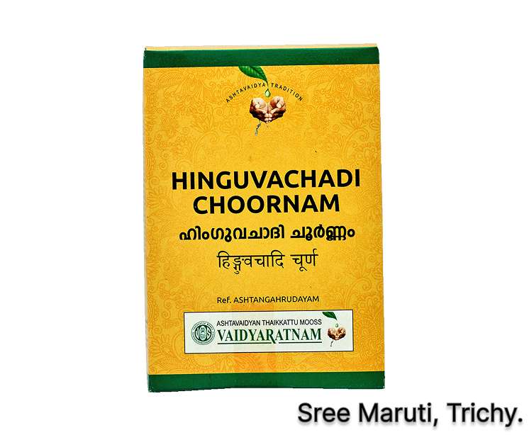 Hinguvachadi Choornam powder with asafoetida and digestive herbs for gas and indigestion relief.