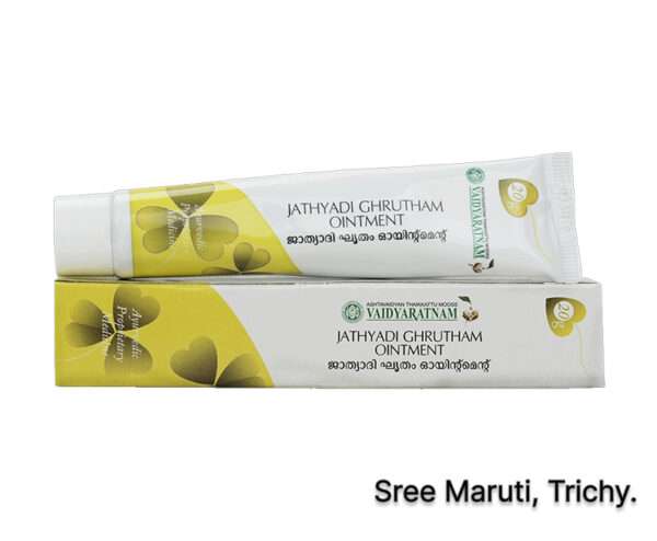 Jathyadi Ghrutham Ointment jar with Ayurvedic herbs for wound healing and skin care.