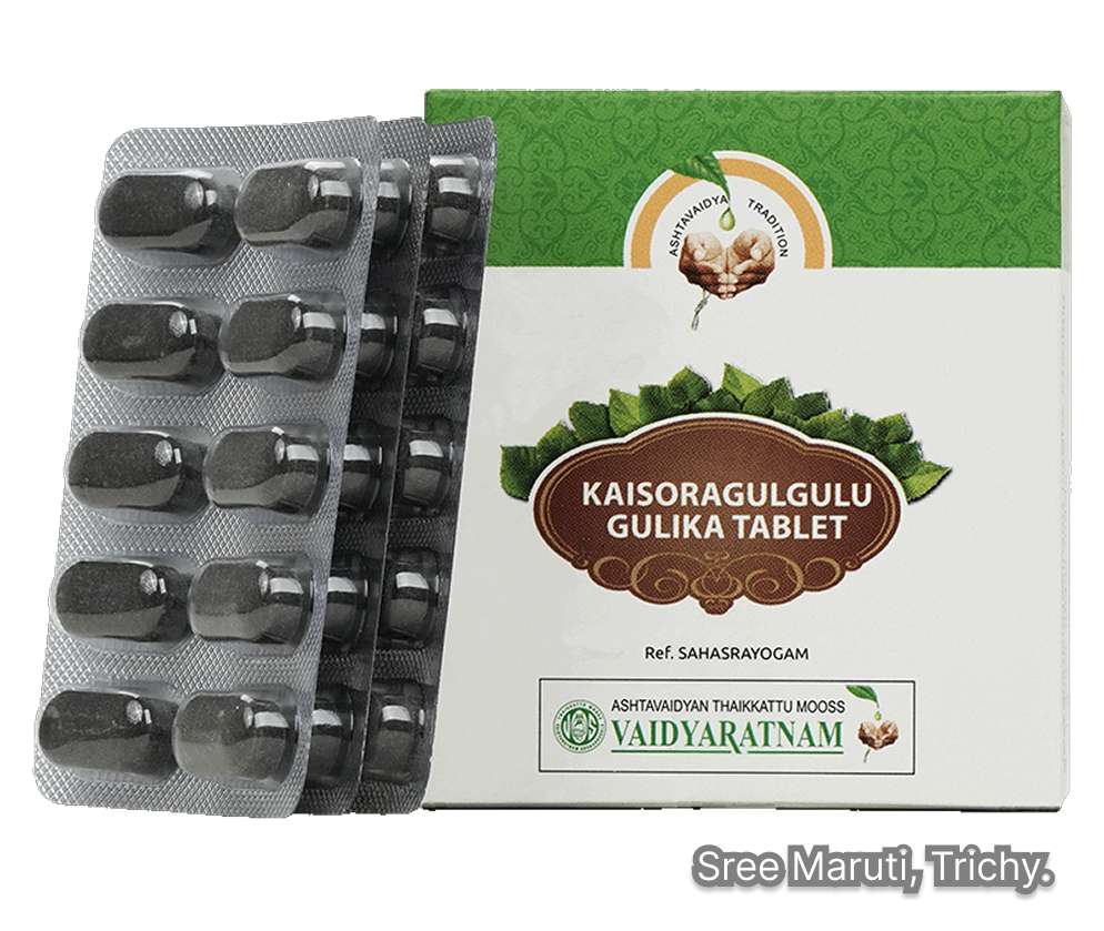 Kaisoraguggulu Gulika Ayurvedic tablet for eczema, arthritis, gout, skin diseases, and blood detoxification.