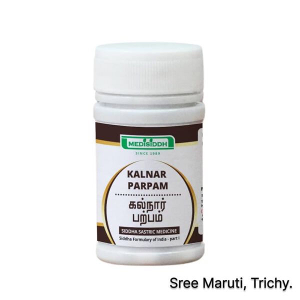 Kalnar Parpam Siddha medicine with mineral stones and herbal powder.