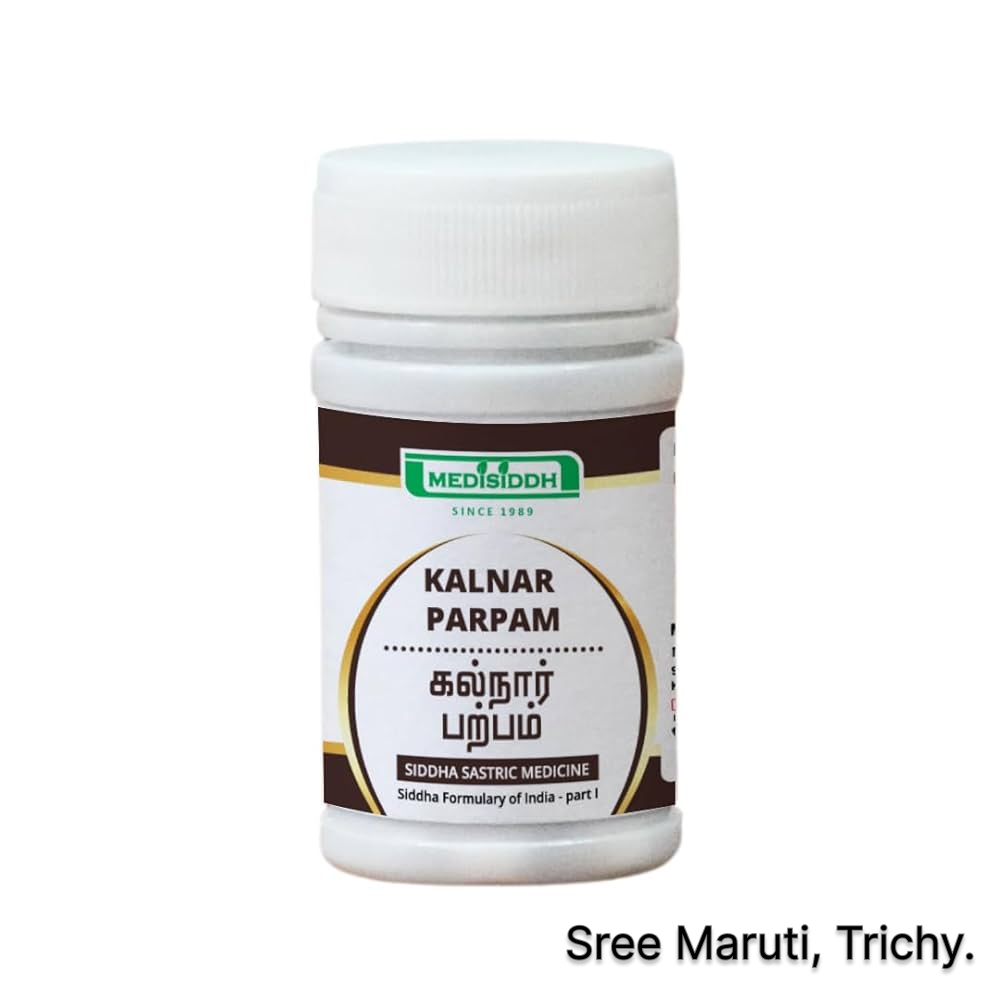 Kalnar Parpam Siddha medicine with mineral stones and herbal powder.