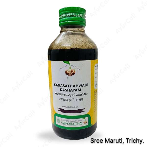 Bottle of Kanasathahwadi Kashayam with Pippali and other Ayurvedic herbs for respiratory health.