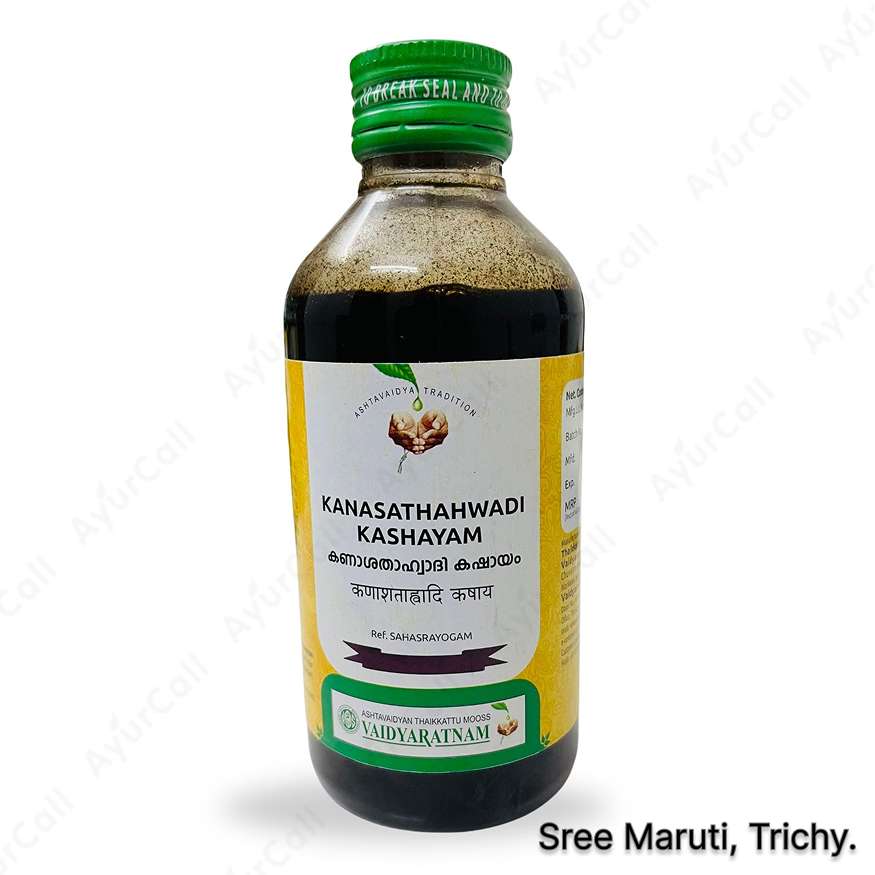 Bottle of Kanasathahwadi Kashayam with Pippali and other Ayurvedic herbs for respiratory health.