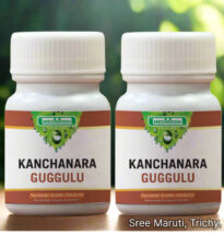 Kanchanara Guggulu tablets with herbs and skin health concept background