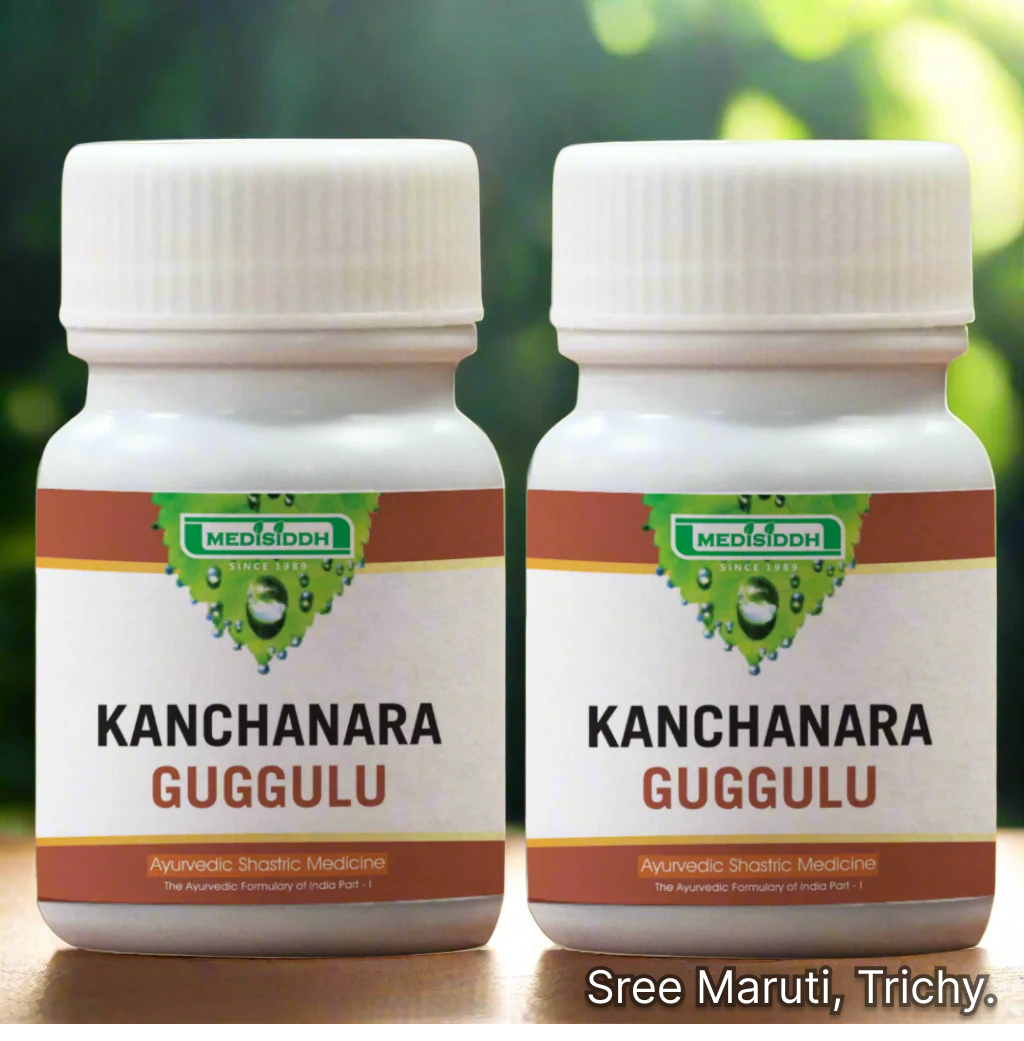 Kanchanara Guggulu tablets with herbs and skin health concept background