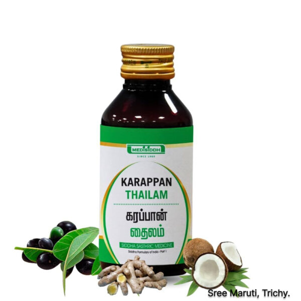 Karappan Thailam herbal oil for dermatitis, allergic skin, itching, and inflammation relief.