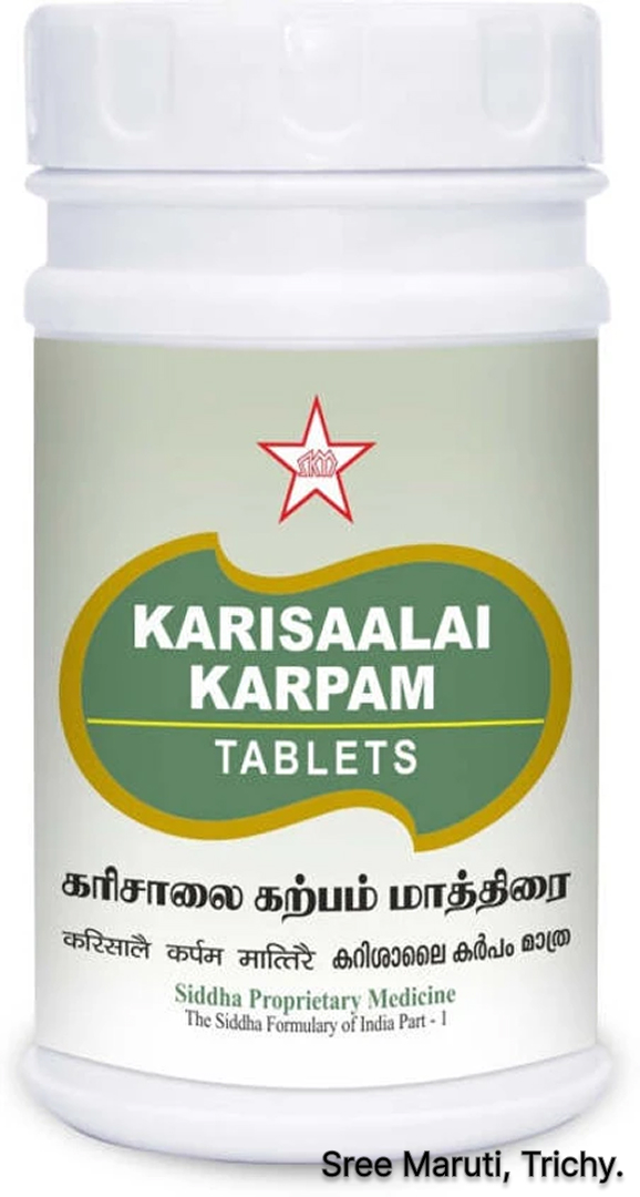 Karisalai Karpam Tablets pack with herbal liver and hair care illustration