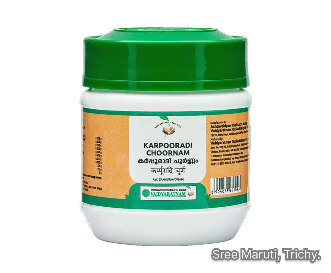 Bowl of Karpooradi Choornam herbal powder with camphor and Ayurvedic herbs, used for respiratory health, cough, and cold relief.
