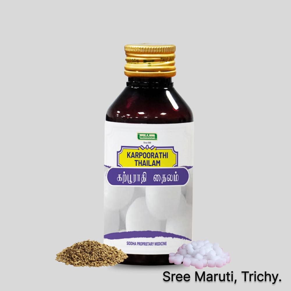 Karpoorathi Thailam herbal oil for muscle pain, cramps, rheumatism, and joint inflammation.