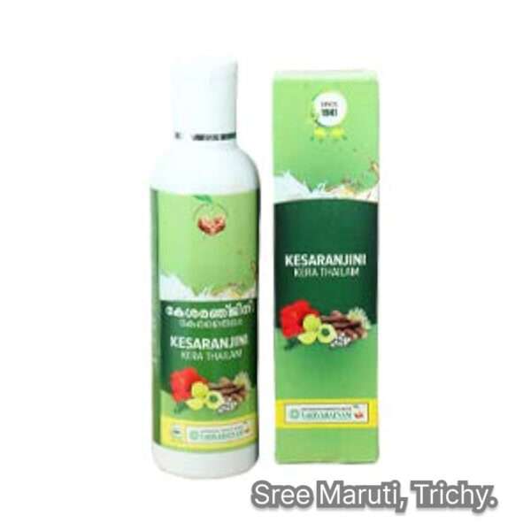 Bottle of Kesaranjini Kera Thailam with coconut and saffron strands, representing Ayurvedic hair oil.