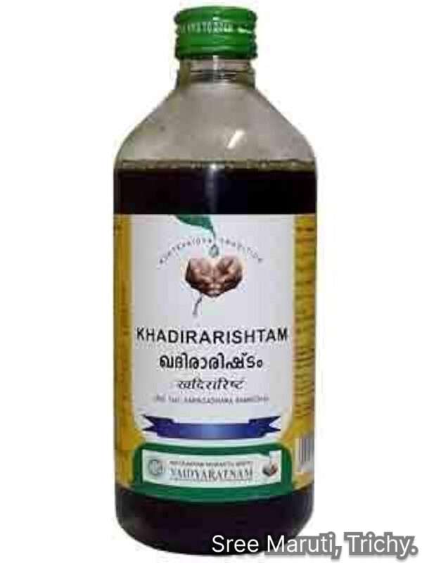 Khadirarishtam with Khadira bark and Triphala – herbal Ayurvedic tonic for skin disorders, digestion, and immunity.