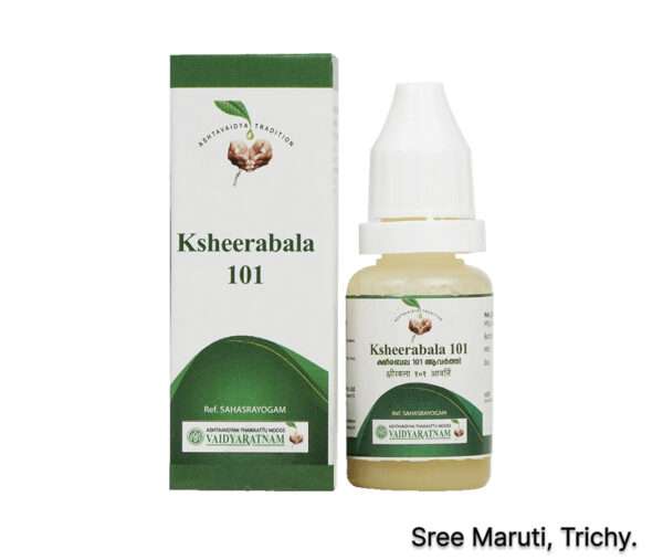 Ksheerabala 101 Aavarthi Oil bottle with Bala roots, milk, and Ayurvedic herbs.