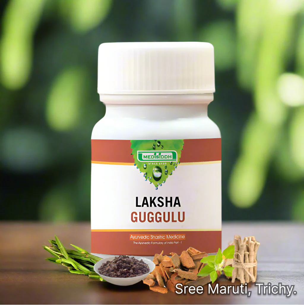 Laksha Guggulu tablets with herbs and bone health concept illustration