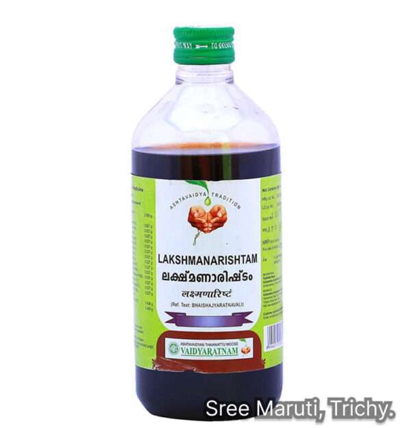 Bottle of Lakshmanarishtam Ayurvedic fermented tonic with herbs and roots, representing digestive and respiratory support.