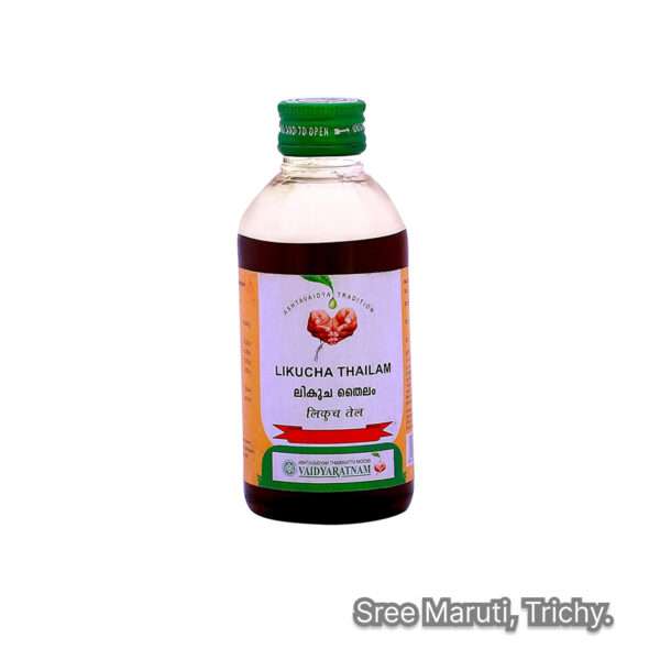 Likucha Thailam Ayurvedic medicated oil bottle with herbs for skin care and healing.