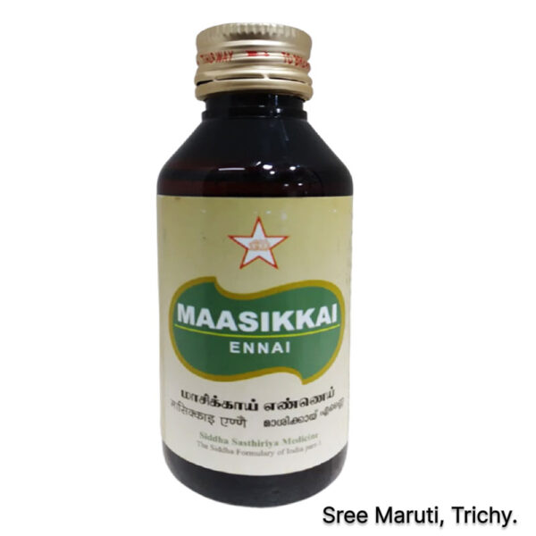 Maasikkai Ennai herbal oil bottle with gallnuts for hair strength and dandruff control