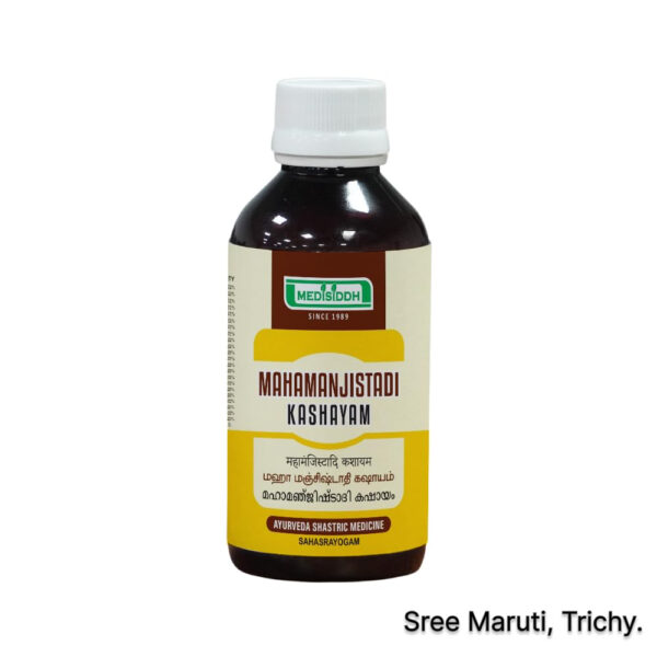 Mahamanjistadi Kashayam – Ayurvedic herbal formulation for eczema, psoriasis, acne, and skin detoxification.