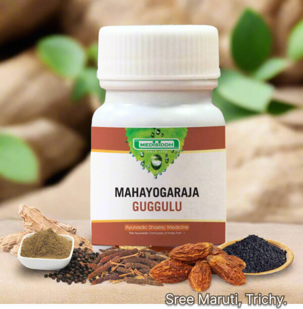 Mahayogaraja Guggulu tablets with herbs and detoxification health concept background