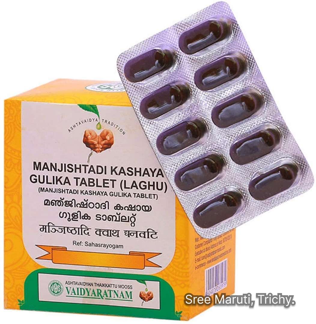 Manjishtadi Kashaya Gulika Tablets with Manjishta roots and Triphala – Ayurvedic blood purifier and liver support tablet.